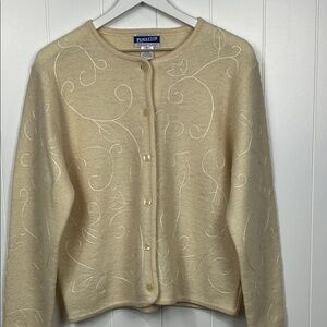 Pendleton Vintage Womens Cardigan L Ivory Button Down Floral Embroidery Wool EUC